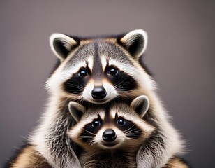 Obraz premium Raccoon family cuddling in a cozy indoor setting during daytime