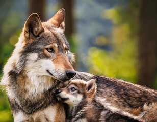 Obraz premium Mother wolf embraces her pup in a tranquil forest setting during daylight hours