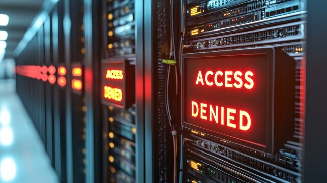 Access denied displayed on servers, in a data center. Security alert or error - Powered by Adobe