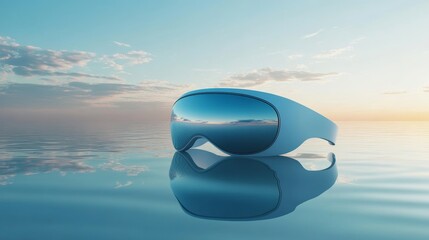 Futuristic sunglasses resting on a tranquil water surface during sunset