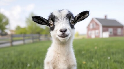 Obraz premium Cute black and white baby goat smiling in a green grassy pasture on a sunny day with a red barn in the background.