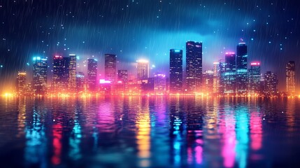 Neon city skyline with gradient hues of magenta to cyan, glowing reflections on rain-soaked streets, cyberpunk urban vibe