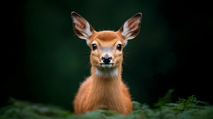 Obraz premium Curious young deer looking directly forward from behind green foliage in a dark forest setting.