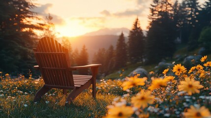 Adirondack chair sits in sunny meadow amidst the flowers at mountain sunset