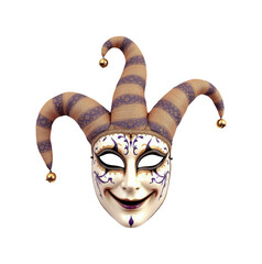 Elaborate Jester Masquerade Mask with Intricate Designs and Striped Horns, Perfect for Carnival and Festive Occasions, Isolated on Transparent and White Background