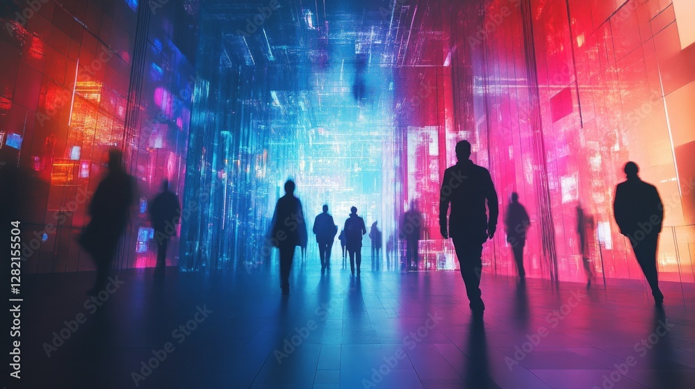 Canvas Prints people silhouettes in futuristic glowing space, vibrant and dynamic atmosphere, sharp and textured c