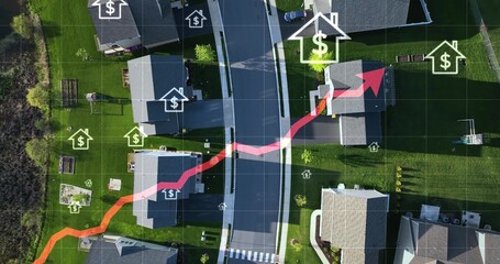 Aerial view of a rural American neighborhood with animated rising arrow and dollar signs...