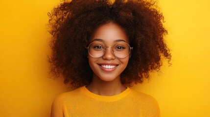 Young Woman with Curly Hair and Glasses Smiling Against Yellow Background
