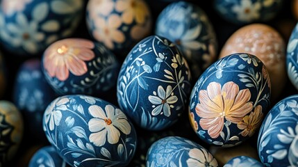 Close-up of Easter eggs with floral patterns