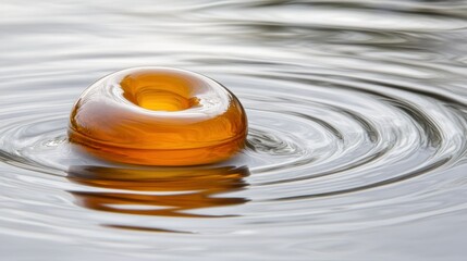 Glimmering Orange Droplet on Water Surface Creating Circular Ripples in Calm Environment
