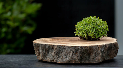 Miniature Bonsai on Wooden Slice, Garden Background