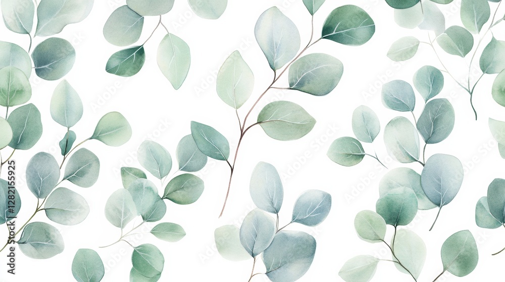 Poster watercolor illustration of green leaves arranged in various patterns on a clean background. generati