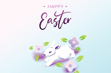 Obraz premium Happy Easter Bunny banner. Trendy Easter design with typography, spring light gradient colors, flowers and white bunny. Modern minimal style. Horizontal sale poster, greeting card, marketing template