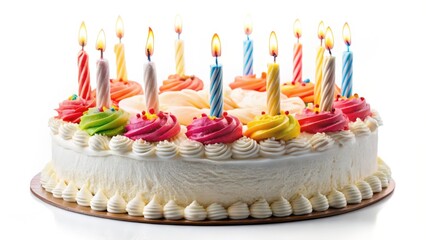 Birthday Cake with Candles on White Background
