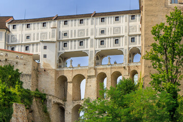 Fototapeta premium The multi-storey Cloak Bridge or Mantelbruecke in Cesky Krumlov castle.