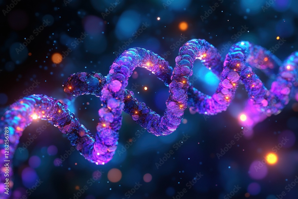 Poster colorful abstract representation of dna helix with glow and bokeh in dark background