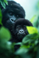Obraz premium Tender Moment Between Gorilla Mother and Baby in Lush Greenery