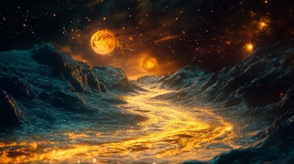 Fototapeta premium Rivers of molten glass flowing across cosmic valleys, glowing softly under alien skies, abstract surreal beauty