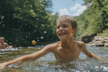 Joyful boy swimming in clear river, splashing water with sunny trees in background
