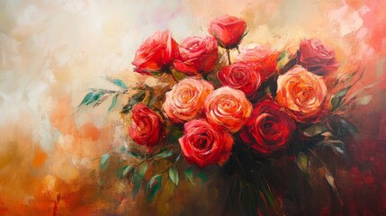 romantic red rose bouquet with glowing light, delicate and vibrant composition, textured and radiant design, dreamy and cheerful tones