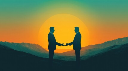 Silhouettes of two business people sealing a deal against a sunset backdrop in a serene mountain setting. Generative AI