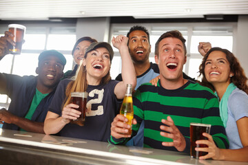 Pub, friends and football match celebration for sports goal, team passion and live entertainment. Diversity people, happy hour and watching game with cheering, beer beverage or support for tournament