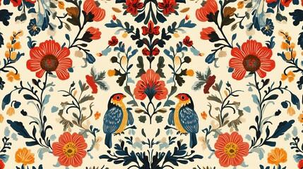 Seamless folk art pattern with floral and bird designs, playful and vibrant, colorful and traditional, artistic and detailed, symmetrical and engaging
