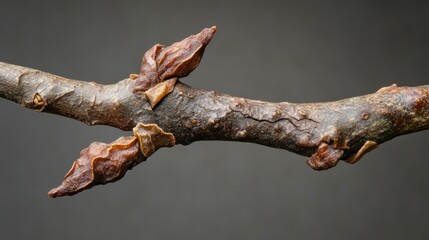 Fototapeta premium Close-Up of Twisted Branch with Textured Bark and New Buds in Natural Light Setting