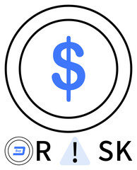 Dollar symbol centered within concentric circles, surrounded by buy button, letter R, exclamation triangle, and letters SK. Focus on financial decision-making. Ideal for investment advice, risk