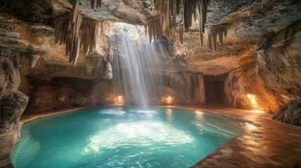 Naklejka premium A stunning cave pool with turquoise water, stalactites hanging from the ceiling, and light streaming in from above