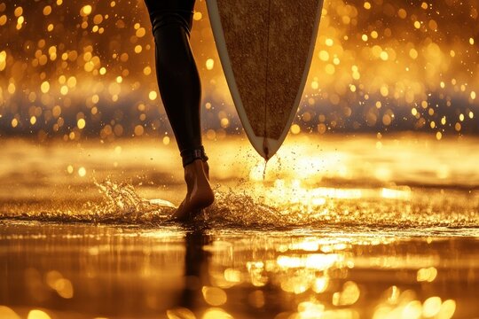 Surfer Walking on Shore at Sunset with Glowing Waves and Sparkling Water Droplets