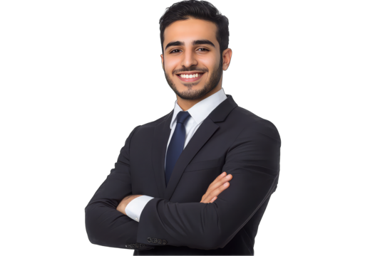 Portrait a smiling young Saudi successful businessman in suit, standing arms crossed, isolated on transparent background