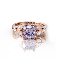 Enchanting rose gold ring with a mesmerizing amethyst, framed by marquise and round diamonds for a soft yet striking appeal.
