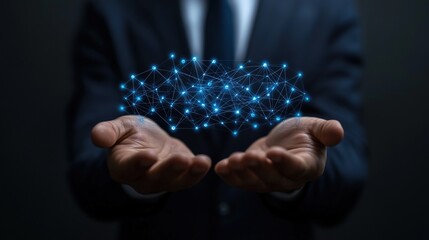 Naklejka premium Businessman holds network graphic in open hands