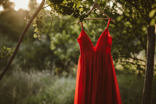 Red dress on a hanger, suspended from a tree branch. Red dress day concept