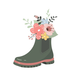 Rubber boot filled with vibrant flowers, design element for create a charming decoration for a garden setting