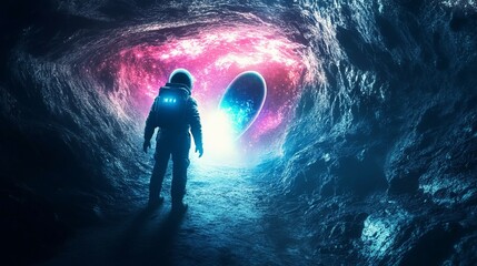Fototapeta premium Space explorer discovering alien artifact in glowing cave, mysterious and cosmic, thrilling adventure