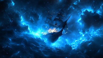 Fototapeta premium Space pirate ship glowing in cosmic storm, mysterious and adventurous, sleek and dangerous
