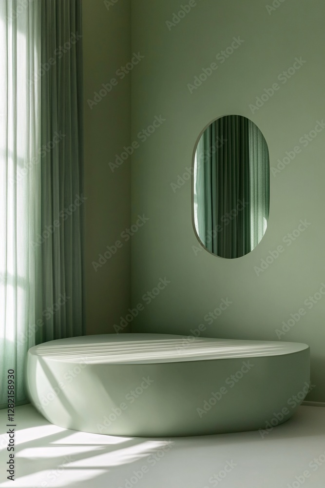 Aufkleber sunlight passing through green curtains illuminating empty green podium in corner of room