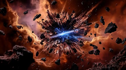 Explosive cosmic event in deep space with vibrant colors and asteroid fragments swirling around