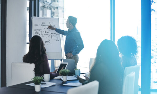 Businessman, coaching or whiteboard presentation for planning, project management or organizing task. Lens flare, team leader or performance manager talking in meeting for deadline, mind map or brief