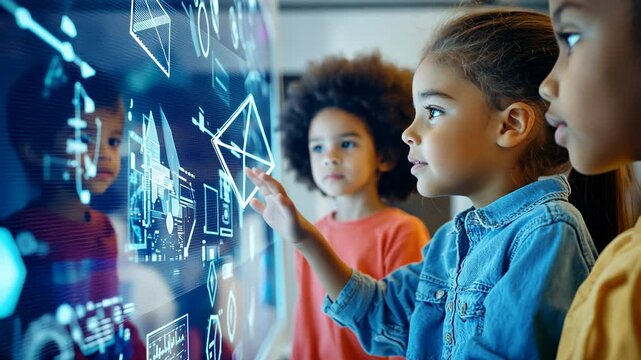 Diverse young students explore interactive touch screen learning innovative future