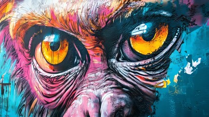 surreal graffiti portrait of a monkey, vibrant and dynamic design, bold and textured composition, colorful and futuristic atmosphere