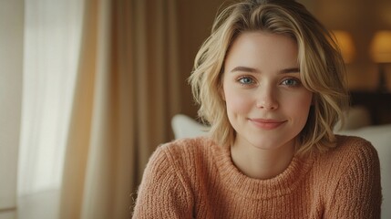 Smiling Young Woman with Short Blonde Hair in Cozy Indoor Setting