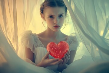 Commercial ad visual idea. Sign of love and affection. Youth valentine's day greeting card: adolescent girl with miserable face holds red heart in hands. February 14 inspiration. Love concept.