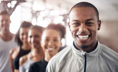 Friends, row and portrait of man in gym for fitness, exercise and training in sports club. Happy, athlete team and line of men and women smile for wellness, class leader and workout for health