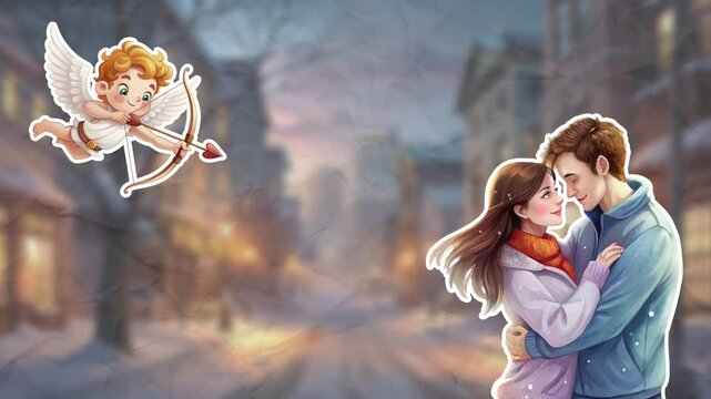 Couple in love hugging, and cupid aiming at them with an arrow of love. Concept of falling in love. Empty space for text. Smooth animation on color paper background