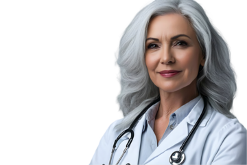Portrait senior middle aged female medical doctor with stethoscope, isolated on transparent background