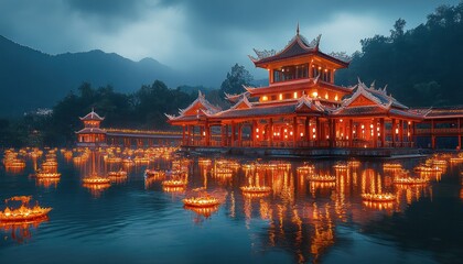 Fototapeta premium Serene Illuminated Temple Reflections in Tranquil Waters at Dusk with Floating Lanterns