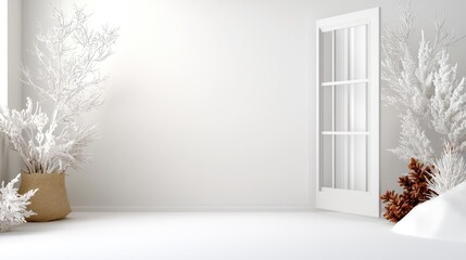 Minimalist Winter Scene, Empty Room, White Decor, Display